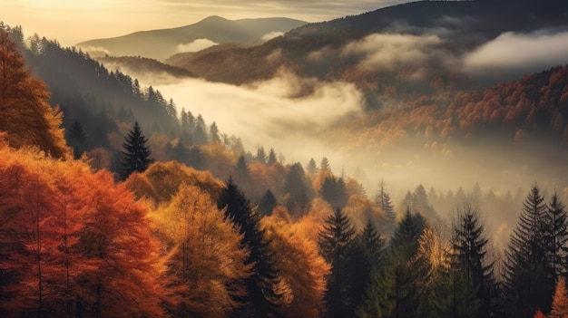 Majestatyczny krajobraz z jesiennymi drzewami w mgłowatym lesie