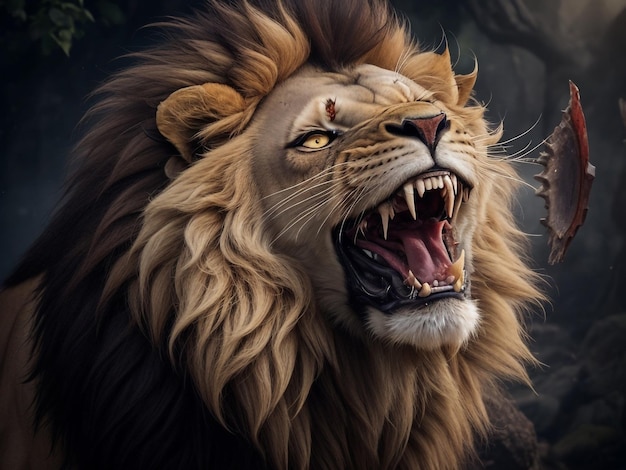 majestatyczny król lew ryczący zaciekle blizny na twarzy