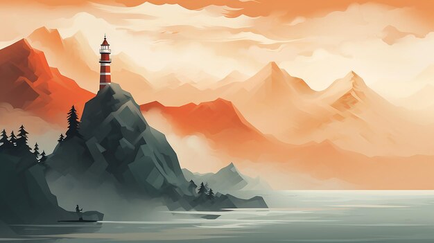 Majestatyczny łańcuch górski otoczony mistyczną mgłą z uderzającą pomarańczową latarnią morską