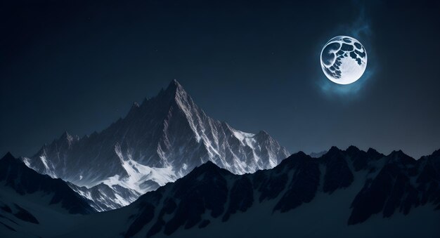 Majestatyczny łańcuch górski z sylwetką na gwiezdnym nocnym niebie oświetlonym przez pełnię księżyca