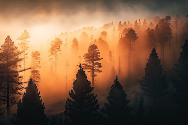Majestatyczny las sosnowy z mglistą poranną mgłą i pomarańczowym wschodem słońca stworzony za pomocą generatywnej sztucznej inteligencji