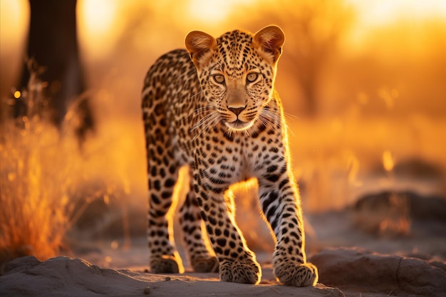 Majestatyczny leopard ukryty w eterycznych złotych odcieniach afrykańskiej sawanny przy uroczym zachodzie słońca