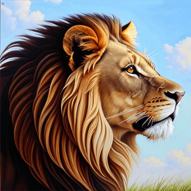 Majestatyczny lew, którego grzywa powiewa na wietrze, intensywnie wpatruje się w dal
