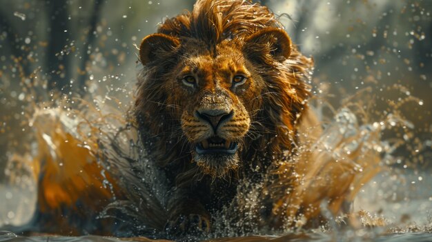 Majestatyczny lew ryczący pośród dynamicznej wybuchu wody i pyłu uchwycony w momencie gwałtownego piękna i mocy