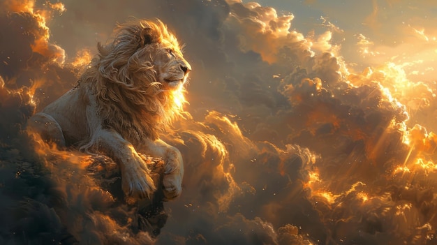 Majestatyczny lew siedzący na wzgórzu z widokiem na swoje królestwo, ucieleśnienie siły i suwerenności, złote światło świtu otaczające go miękkim blaskem.