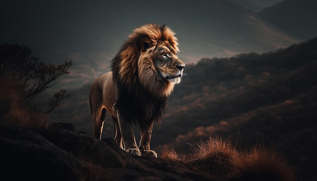 Majestatyczny lew spacerujący po afrykańskiej sawannie wygenerowany przez sztuczną inteligencję
