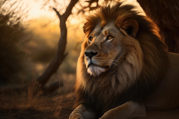 Majestatyczny lew spoczywa na sawannie o zachodzie słońca generatywnego IA
