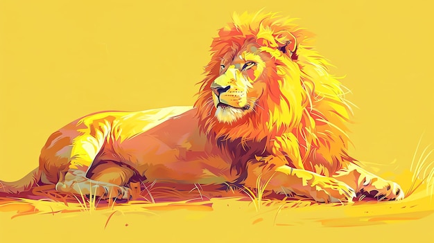 Majestatyczny lew w środku sawany, tło jest jasnożółte, prawie białe, a futro lwa jest głęboko złotożółte.