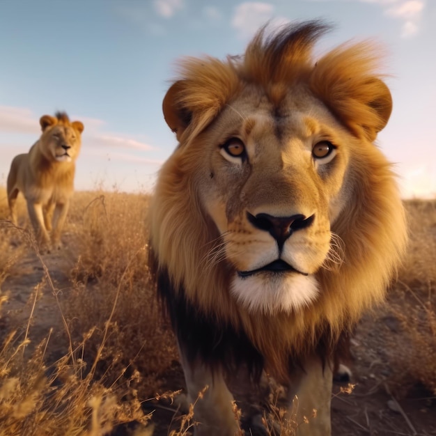 Majestatyczny lew wędrujący po afrykańskiej sawannie - potężny symbol dzikiej przyrody