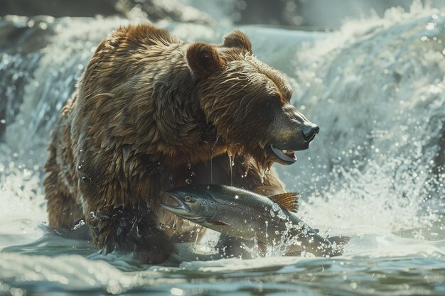 Majestatyczny niedźwiedź grizzly łapie łososia w rzece.