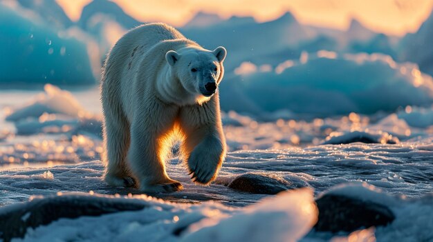 Majestatyczny niedźwiedź polarny chodzi po lodzie i skałach na polowanie