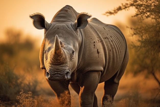 Majestatyczny nosorożec na sawannie o zachodzie słońca generatywny IA