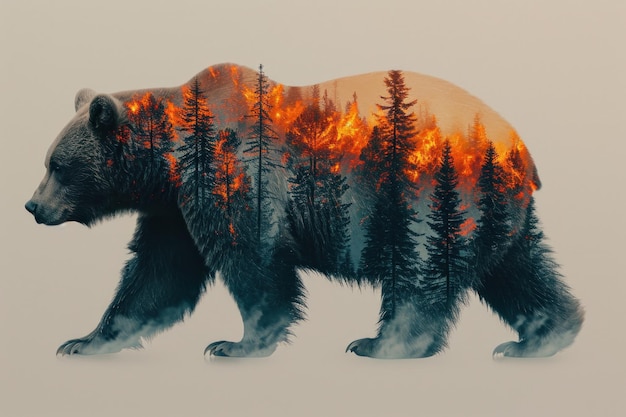 Zdjęcie majestatyczny obraz niedźwiedzia na tle płonącego lasu