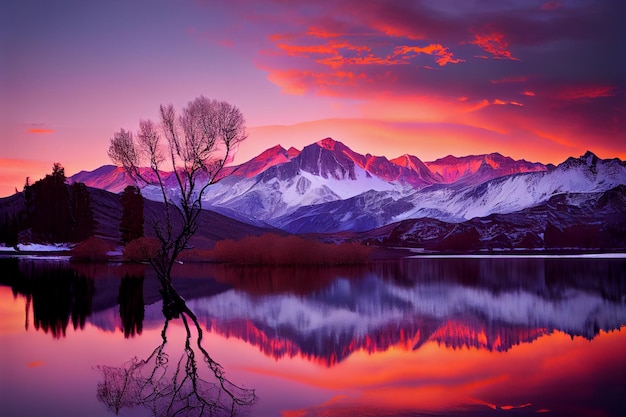 Majestatyczny pasmo górskie o wschodzie słońca z małym jeziorem i samotnym drzewem na pierwszym planie
