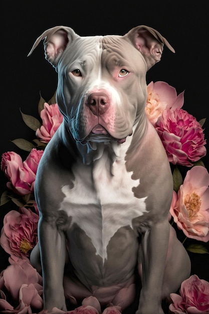 Majestatyczny pitbull w kwiatach