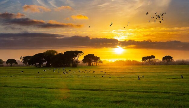 Majestatyczny poranek złoty wschód słońca z ptakami i bujną zieloną trawą