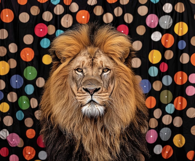 Zdjęcie majestatyczny portret lwa z kolorowym tłem z kropkami