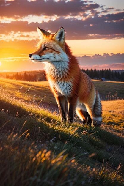 Majestatyczny rudy lis z długim smukłym nosem stojący na szczycie oświetlonego trawiastego wzgórza