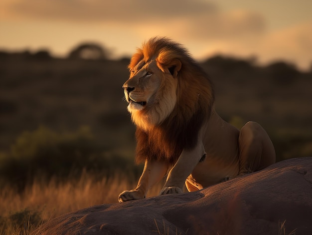 Majestatyczny ryk lwa o zachodzie słońca na sawannie