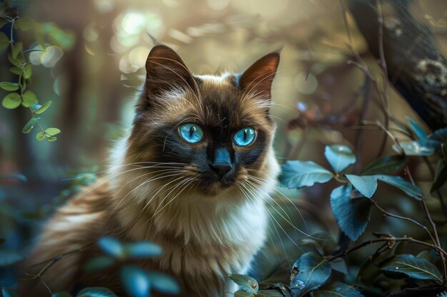 Majestatyczny siamski kot z uderzającymi niebieskimi oczami pozujący w bujnym ogrodzie emitujący elegancję
