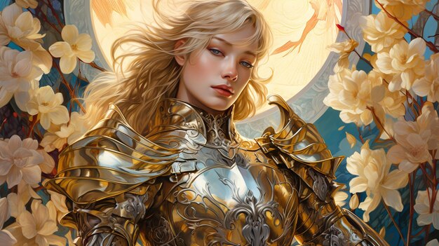 Zdjęcie majestatyczny średniowieczny rycerz piękna dziewczyna wojownik w lśniącej złotym i srebrnym pancerzu fantazji