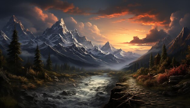 Zdjęcie majestatyczny szczyt górski odzwierciedla spokojny zachód słońca na zaśnieżonej dziczy generowany przez sztuczną inteligencję