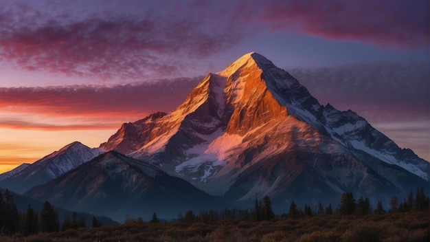 Majestatyczny szczyt góry na horyzoncie zachodu słońca