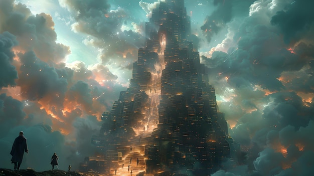 Majestatyczny szczyt góry oświetlony przez zachód słońca przygodowacy w podziwie Żywe niebo epickie krajobrazy przywołują fantasy przygody Idealne dla opowiadania historii tło gry AI
