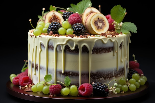 Majestatyczny tort waniliowy ozdobiony owocami i czekoladą generatywną IA
