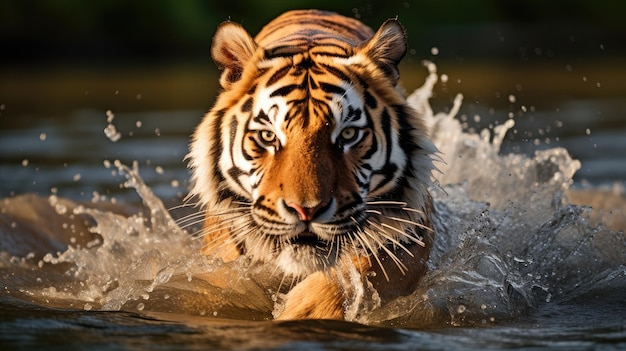 majestatyczny tygrys Amur idący po wodzie przedstawiający minimalistyczny nowoczesny styl kompozycji lub sceny