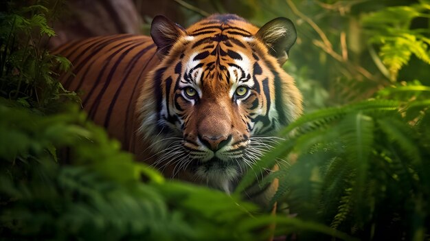 Majestatyczny tygrys bengalski wyłania się z bujnych zielonych liści starożytnego lasu deszczowego. Jego uderzające pomarańczowe futro kontrastuje z żywymi odcieniami otaczających liści.
