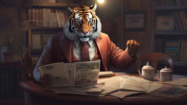 Majestatyczny tygrys przyjął niezwykle ludzką postawę. Ubrany w idealnie skrojony garnitur, tygrys pewnie siedzi przy biurku, wydaje się być pochłonięty czytaniem maleńkiej gazety