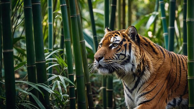 Majestatyczny tygrys śledzi swoją ofiarę w lesie bambusowym