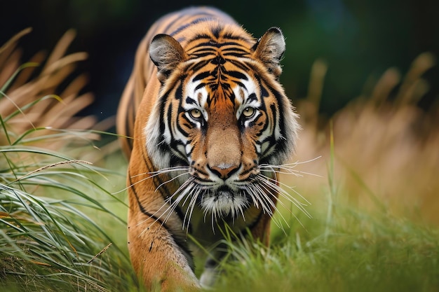Majestatyczny tygrys wdzięcznie przechodzi przez tętniące życiem zielone pole, zaciekły tygrys krążący po łąkach generowany przez sztuczną inteligencję.