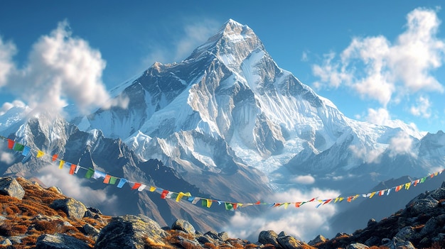 majestatyczny widok na Mount Everest z bazy z flagami modlitewnymi
