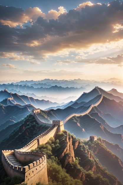 Majestatyczny widok na Wielki Mur Chiński rozciągający się po horyzoncie jak starożytna wstęga