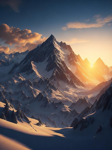 Majestatyczny widok porannego nieba z wschodem słońca nad pokrytymi śniegiem szczytami góry