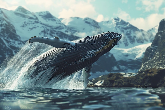 Majestatyczny wieloryb grzbietowy wyłania się na powierzchnię.