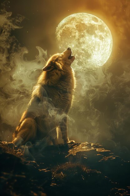Majestatyczny wilk wyje w pełni księżyca w mglistej pustyni pod gwiezdnym niebem