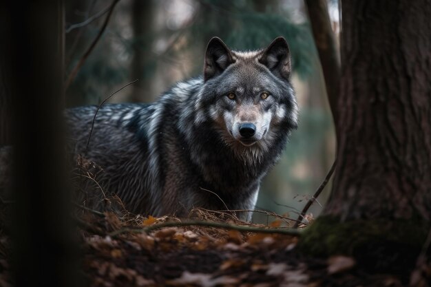 Majestatyczny wilk wyłania się pod księżycem w otoczeniu poskręcanych drzew generatywnych IA