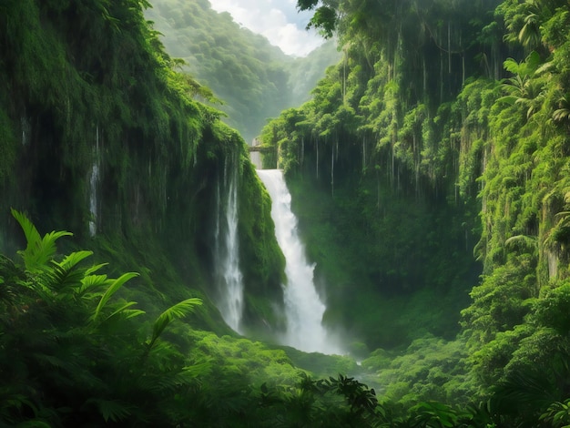 Majestatyczny wodospad spływający kaskadą po bujnym zielonym wzgórzu