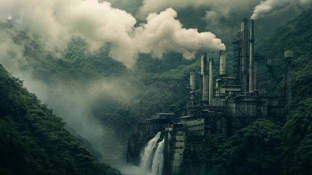 Zdjęcie majestatyczny wodospad spływający w dół bujnej zieleni spotykający fabrykę wyrzucającą czarny dym u podstawy zestaw piękno natury z zagrożeniem zanieczyszczenia przemysłowego