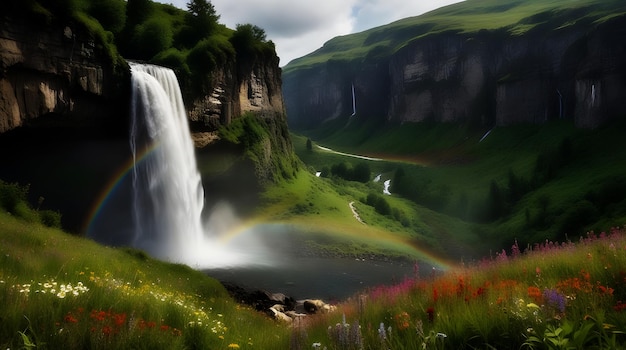Majestatyczny wodospad spływający w dół skalistego klifu otoczony bujną zielenią i tęczą dzikiej