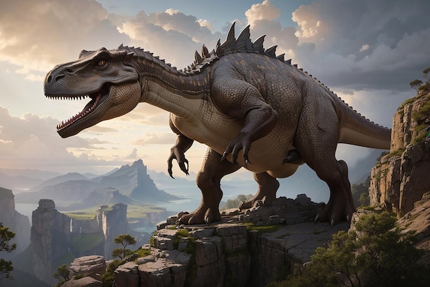 Majestatyczny, wysoki dinozaur stoi nad przepaścią zapierającego dech w piersiach wysokiego klifu