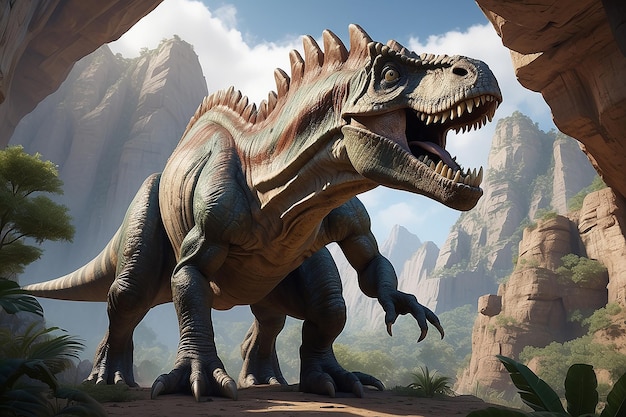 Majestatyczny, wysoki dinozaur stoi nad przepaścią zapierającego dech w piersiach wysokiego klifu