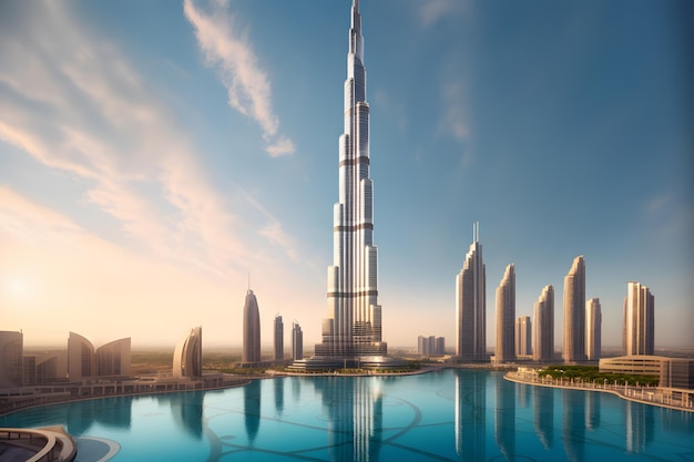 Zdjęcie majestatyczny zachód słońca burj khalifa ozdabiający panoramę miasta przez robiego