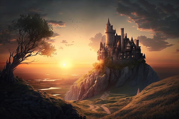 Majestatyczny zamek otoczony falującymi wzgórzami i zachodem słońca w oddali stworzony za pomocą generatywnej sztucznej inteligencji