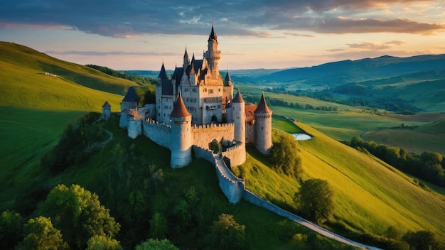 Zdjęcie majestatyczny zamek otoczony zielonymi wzgórzami