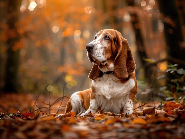 Majestic Basset Hound siedzący wdzięcznie w gęstym lesie