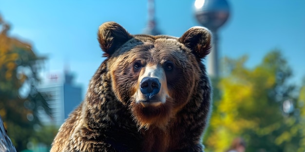 Zdjęcie majestic bear pozujący przed wieżą telewizyjną berlin39s concept wildlife photography berlin landmarks bear captures majestic portraits urban wildlife